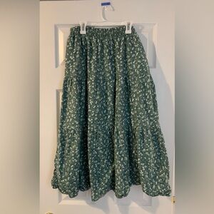 Green Floral Tiered Midi Skirt